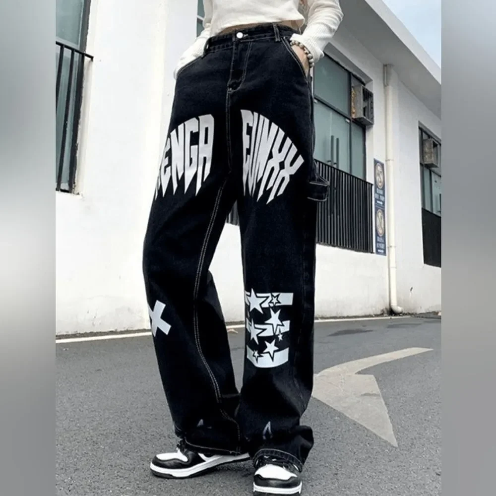 Mauv Studio Black Star Letter Graphic Cargo Jeans Size S